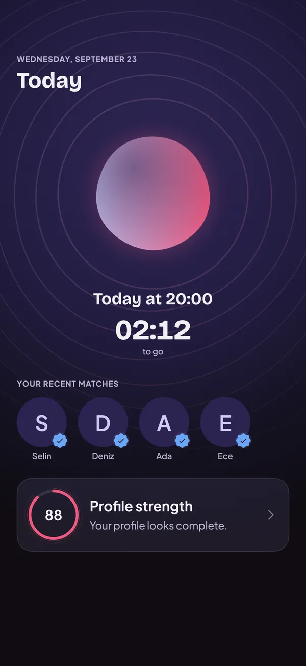 Today screen with “Today at 20:00” and the time left until your introductions