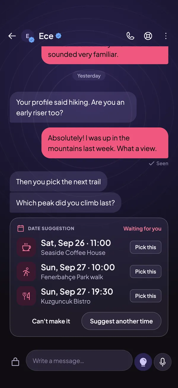 A date suggestion in the chat with three times and places