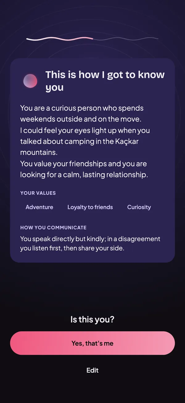 “This is how I got to know you” summary with values and communication style